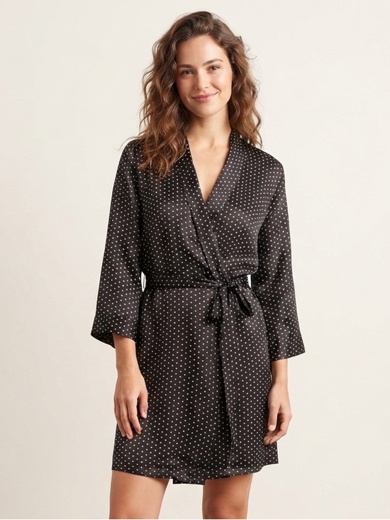 La Vie En Rose Other - La Vie En Rose Sz S-M Black Satin Polka Dots Belted Robe